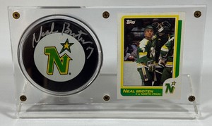 Neal Broten Autographed Minnesota North Stars Hockey Puck w Display Case and Card