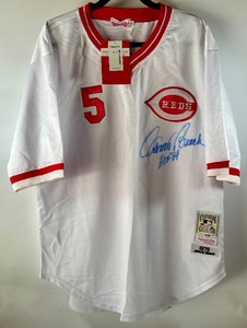Johnny Bench Autographed w PSA DNA COA and Inscribed Cincinnati Reds 1975 Baseball Jersey - NEW WITH TAGS Mithcell and Ness Cooperstown Collection Size 52