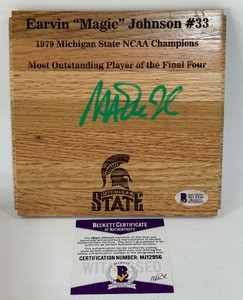Magic Johnson Autograph w Beckett COA Michaigan State University Basketball Floorboard