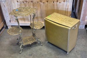 antique plant stand and hamper