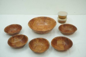 Vintage Wooden Woven Salad Bowl and 5 Serving Bowls 2 Anchor Hocking Glass Bowls with Lids