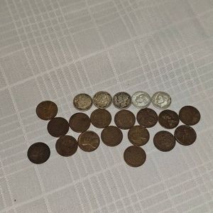 Lot of 5 Silver Dimes 10c, Wheatback Pennies