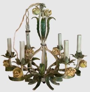 LLFR - Vintage Tole Floral Chandelier 6-Light Metal Rose Ceiling Fixture
