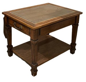LLS - Vintage Side Table - Inset Cane Top End Table With Drawer & Shelf