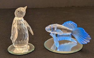DR - Swarovski Crystal Siamese Fighting Fish and & Penguin (Lot of 2)
