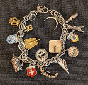 DR - Vintage Charm Bracelet Silver Tone Sterling Silver & Gold Filled Charms 7.5in