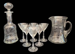 K - Vintage Etched Glass Pitcher, Decanter & Glasses Set