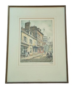 K - Framed Vintage Etching Barday Signed Paris La Place Du Tertre Et La Sacre Coeur