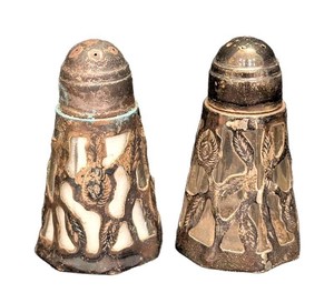 K - Vintage Sterling Silver & Glass Salt & Pepper Shakers Pair