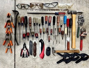 G - Hand Tool Mixed Lot - Screwdrivers, Clamps, Hammers, Pliers & Goggles
