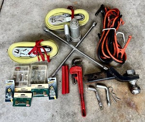G - Garage Tool & Hardware Assortment Trailer Straps Jumper Cables Hitch Wrenches