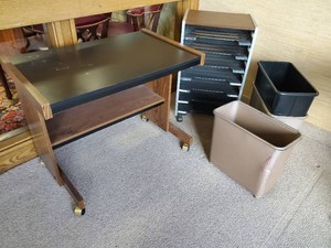 Small Rolling Deck, Filer, and Vintage Metal Trash Cans