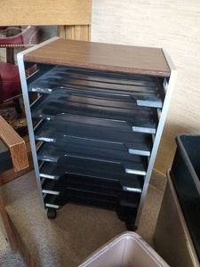 Small Rolling Deck, Filer, and Vintage Metal Trash Cans