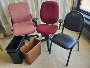 Assortment of Office Chairs and Vintage Metal Office Garbage Cans