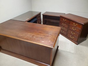 Large Lot of office furniture including corner desk, cabinet, and floating desk