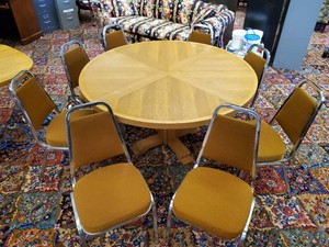8 mid modern Solid Virco Cushioned chairs and beautiful heavy vintage wood table&nbsp