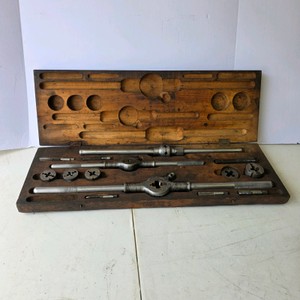Vintage Tap and Die Set in Wooden Case with Assorted Dies and Taps