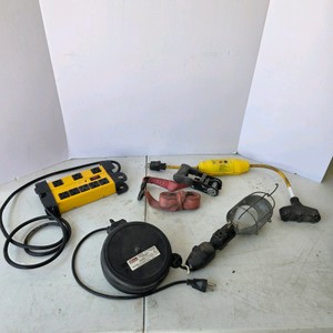 Lot of Jobsite Electrical Accessories with Retractable Extension Reel, Power Strip and Trouble Light