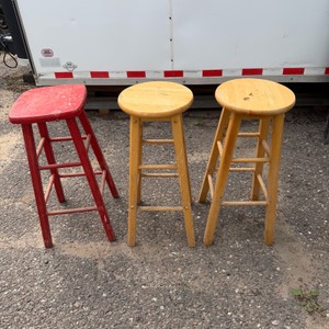 Lot of 3 Wooden Bar Stools Red and Natural Finish