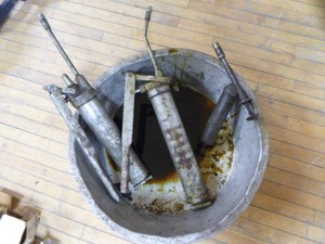 3 Grease Guns and Oil Pan