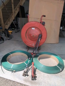 Strapping cart, strap rolls, tensioners, band clips, strap sealer