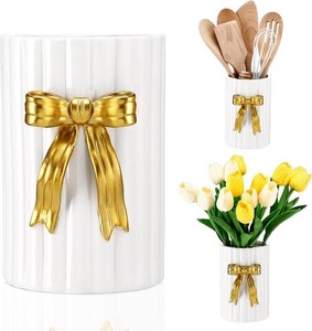 LemonRoad Gold Bow Ceramic Utensil Holder 3D Handmade Gold Kitchen Decor Gifts Cooking Utensil Crock with Scalloped Preppy Caddy Pen Holder Vase Vintage Retro Graduation Gift for College Students