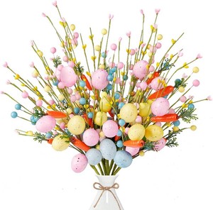 Sggvecsy Artificial Easter Stems 6 Pcs Spring Berry Picks with Eggs Carrot Colorful Berries Twig Branches Sprays for Easter Arrangement Centerpiece Easter Celebration Home Vase Decor