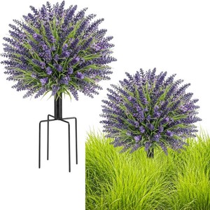 2 Pack Artificial Lavender Topiary Ball Trees with Four Prong Ground Spike, 23 Faux Lavender Plants UV Resistant Shrubs Fake Brushes with Grass for Front Porch Garden Patio Decor
