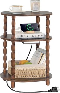 MaxSmeo Side Table with Charging Station, 3-Tier Small End Table with USB Ports and Outlets, Modern Oval Night Stand Accent Table for Living Room, Bedroom, Rustic Brown