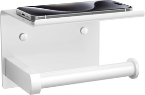 Tindbea Toilet Paper Holder with Phone Shelf, Adhesive or Screw Wall Mount Toilet Tissue Roll Holder, Rustproof & Multifunctional Stainless Steel Bathroom Storage Dispenser (White)
