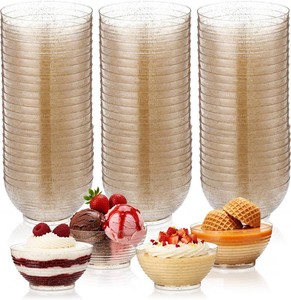 Newtay 100 Pack Gold Glitter Plastic Bowls 3oz Mini Disposable Dessert Bowl Small Serving Bowls for Party Serving Pudding Dipping Candy Cheesecake Mousse Ice Cream