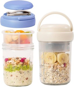 UWILLION Overnight Oats Containers with Handles, 16 oz Glass Mason Jars with Lids, Folding Spoons & Topping Compartments, Yogurt Parfait Cups for Meal Prep, Chia Pudding, Breakfast to Go, 2 Pack