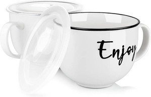 DAYYET Soup Mugs with Handles and Vented Lids, 26 oz Microwavable Soup Bowls, Ceramic Mugs Set for Overnight Oats, Cereal, Noodles, Ramen, Pasta, Salad, Oversized Coffee Mugs, Set of 2, White