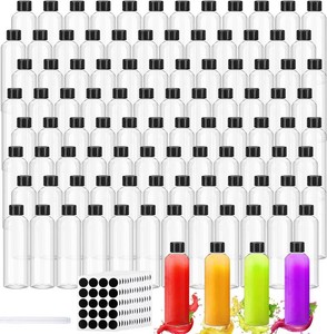 Dandat 100 Pcs Plastic Juice Bottles with Caps Clear Shot Bottles Bulk Empty Reusable Clear Beverage Containers with Lids, Label, Pen for Milk, Drinking, Potion, Ginger Shots, Whiskey(4 oz)