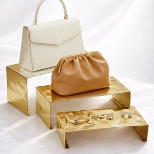 Purse Display Stand, Set of 3 Ripple Texture Stainless Steel Display Risers for Handbags, Wallets, Shoe& Perfume, Closet Shelves, Boutique Counters & Retail Use(Gold)
