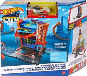 Hot Wheels City Toy Car Track Set, Downtown Car Park Playset with 164 Scale Vehicle, 4 Levels, Working Lift & Exit Chute