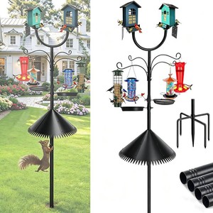 Squirrel Proof Bird Feeder Pole, Dual U-Shape 92 Adjustable Heavy Duty Stand, Multi-Purpose Outdoor Bird Feeding Station & Yard Decor, Includes Hooks, Trays, Baffle & Base