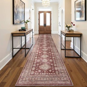 Washable Runner Rug, Boho Vintage Hallway Rug Non-Slip Rubber Backing, Low Pile Faux Cashmere Distressed Carpet for Living Room Bedroom Kitchen Laundry Entrance, Burgundy (Burgundy, 2x12ft)