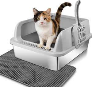 Stainless Steel Cat Litter Box, High Wall Kitty Litter Box for Small Cats, Metal Litter Box with Lid, Non-Sticky, Anti-Leakage, Easy Cleaning, Include Cat Mat and Scoop, 17.2x13.2x8.4