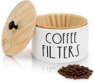 Coffee Filter Holder with Lid, Metal Round Coffee Filters Storage Container, White Large Coffees Pod Organizer Basket Coffees Bar Decor Accessories for Counter, Farmhouse