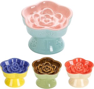 S&Qs CERAMICS Raised Slow Feeder Cat Bowl, Ceramic Elevated and Titled Glass Food Bowl Small Dogs Slow Feeder, Flower Shaped Cute Cat Dish for Dry and Wet Food (Pink, 5.8)