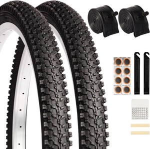 2 Pack 24 x 1.95 Mountain Bike Tire Set, 24 inch Folding Replacement Puncture-Resistant Bicycle Tires with 24 x 1.75-2.125 inch Bike Tubes and Repair Tool Kit for Mountain Bike, Off-Road Bike