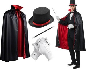 4 Pcs Red Black Magician Set Wizard Ribbon Hat Cape Gloves Wand Unisex Gothic Costume for Halloween Cosplay Stage