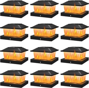 APONUO Solar Post Cap Lights with Flickering Flame & Warm White, 12-Pack for 4x4 WoodVinyl Posts, Solar Powered Deck & Fence Lights, Auto OnOff, IP65 Waterproof, Glossy Black