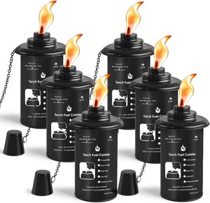 ZSZMFH 16oz Torch Canisters, 6 Pack Bamboo Torch Refillable Replacement Canister, Outdoor Citronella Fuel Torch Canister with Wicks and Covers,for Luau Party, DIY Garden Decor.