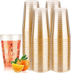 Goodluck 14 oz 100 PCS Gold Glitter Plastic Cups, Disposable Glitter Cups, Elegant Plastic Cocktail Glasses, Fancy Party Cups for Wedding, Birthday, Holiday