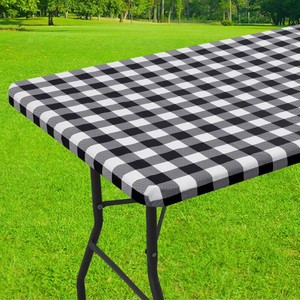 Smiry Rectangle Picnic Table Cloth, Elastic Waterproof Fitted Vinyl Tablecloths, Flannel Backed Buffalo Plaid Table Covers for Dining, Camping, Outdoor (Black and White, 30 x 60)