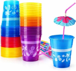 4Es Novelty 48 Packs Tropical Party Cups with Parasol Straws - Disposable Plastic Cups 16oz BPA free, for Hawaiian Luau Party and Pool Parties, Beach Theme Birthday Decorations for Kids & Adults