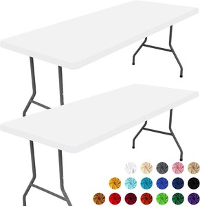 Moosfor Spandex 8 Foot Rectangle Table Cloth 2 Pack, Elastic Fitted Tablecloths for Picnic, Stretch Washable Patio Table Cover for Outdoor, Camping, Banquet and Parties (White, 30x96)
