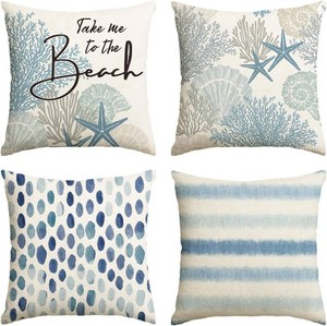 AVOIN colorlife Take Me to The Beach Summer Throw Pillow Covers, 16 x 16 Inch Blue Ocean Starfish Summer Cushion Case for Sofa Couch Set of 4